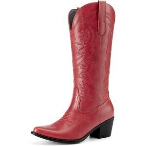 Women Red Fashion Low Chunky Heel Snip Toe Embroidery Western Mid Calf Boots